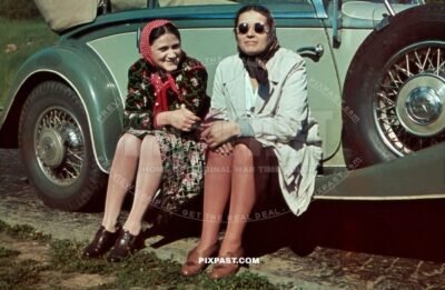 Mercedes-Benz 380 Cabriolet B, Kelheim Germany 1939, with tour bus behind and family resting beside road.