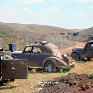 Mercedes Opel Staff car in FUNKER signal radio unit. On outskirts of Stalingrad. Russia 1942. 297 Infantry Division