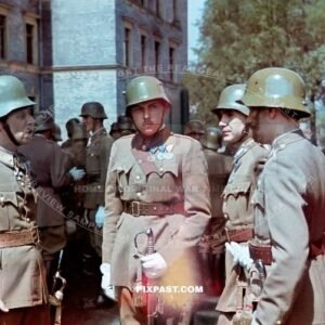 Minister of Hungarian Defense Lajos Csatay inspecting Hungarian Infantry in Budapest Hungary 1943