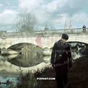 Niort France 1941, River Sèvre Niortaise, in front of Pont Main. Church Saint-André. 22nd Panzer Division,
