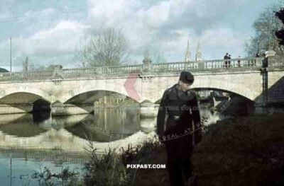Niort France 1941, River Sèvre Niortaise, in front of Pont Main. Church Saint-André. 22nd Panzer Division,