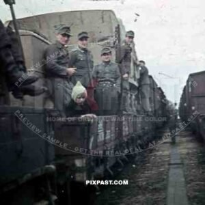 North Germany Military Train Station supply 1944, Half Track and Trucks on Train, assault gun STUG wrap