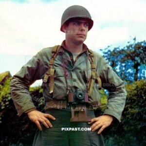 Official American Army war photographer with camera in Normandy France 1944 166th Signal Photo Company