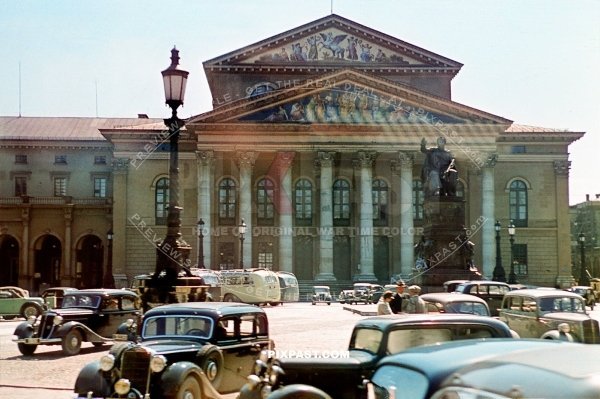 Old classic cars in front of the Bavarian State Opera. Bayerische Staatsoper. Munich Germany 1939