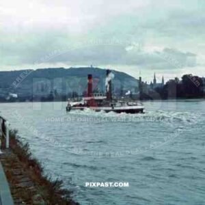 Paddle steamer, Rüdesheim, Mäuseturm von Bingen,  Rhein River,  Hessen, 1939