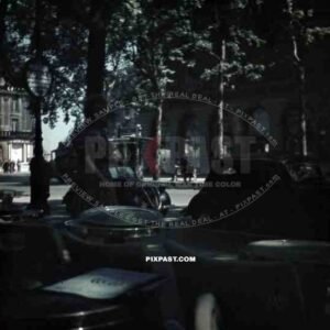 Paris France 1940 coffe shop street life old cars traffic women sunglasses