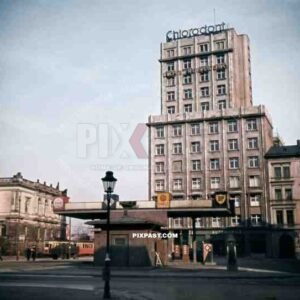 Petrol station in front of the Europahaus in Leipzig, Germany 1940
