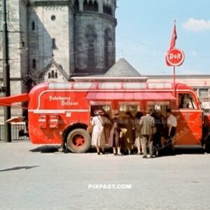 Portable German Post Office truck parked in front of the Kaiser Wilhelm Gedachtniskirche Memorial Church June 1939 Germany
