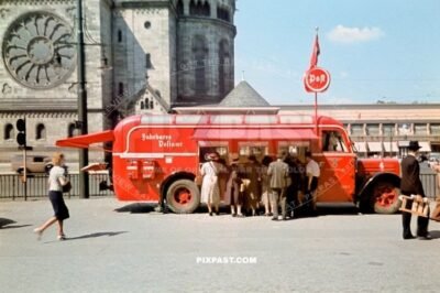 Portable German Post Office truck parked in front of the Kaiser Wilhelm Gedachtniskirche Memorial Church June 1939 Germany