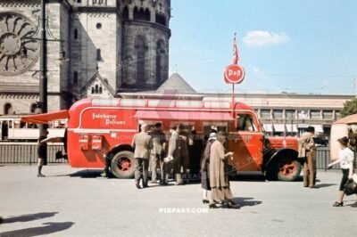 Portable German Post Office truck parked in front of the Kaiser Wilhelm Gedachtniskirche Memorial Church June 1939 Germany