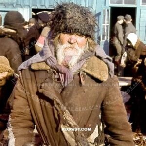 Portrait of a Russian peasant farmer in self made winter jacket and hat. Local market place. Russia 1942