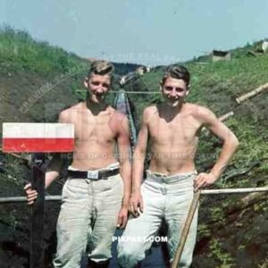 RAD training Germany 1938 Wehrmacht belt buckle construction bunker trench labor shovel white trousers