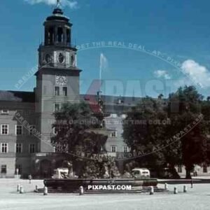 Residenzplatz, Salzburg, Austria, 1945, White Ambulance and Buses, fountain, clock tower, Museum,