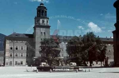 Residenzplatz, Salzburg, Austria, 1945, White Ambulance and Buses, fountain, clock tower, Museum,
