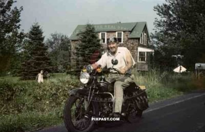 Returning american soldier on his indian motorcycle, USA, 1945,