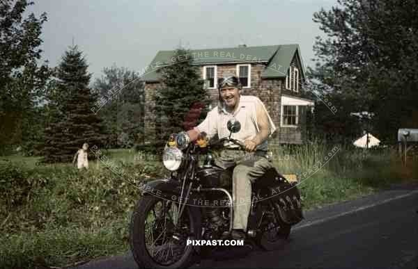 Returning american soldier on his indian motorcycle, USA, 1945,