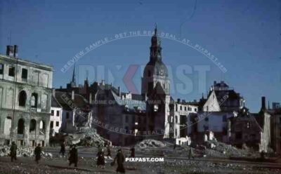 Riga Dom badly destroyed Latvia 1944, market place, burned out shops and houses.