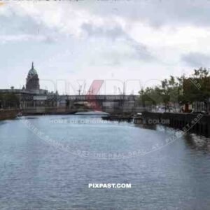 River Liffey, Dublin, Ireland, 1953, Port Habour, Customs House and Dart rail bridge,