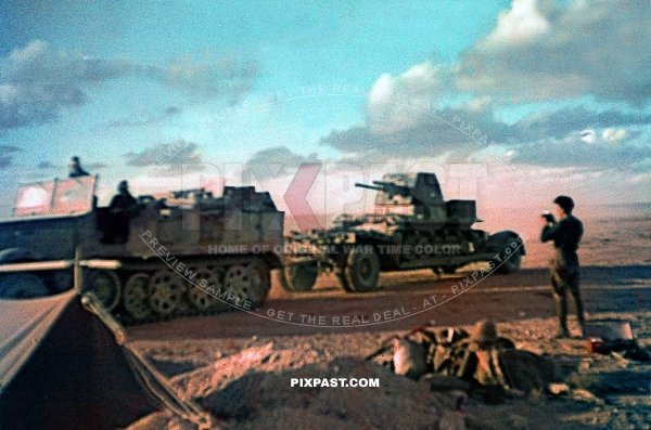 Rommels Afrika Korp German Half track and trailer transporting Panzerkampfwagen I Panzerjager 4,7 cm PaK Africa 1942