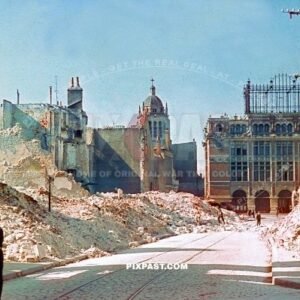 Rue Royale in Orleans France 20.6.1940. La Rotonde. Notre Dame des Miracles Church. German panzer officer.