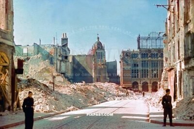 Rue Royale in Orleans France 20.6.1940. La Rotonde. Notre Dame des Miracles Church. German panzer officer.