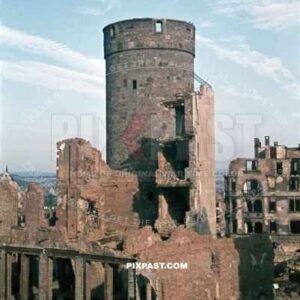 Ruins of the badly damaged Druselturm Tower in the old city centre of Kassel Germany. September 1944