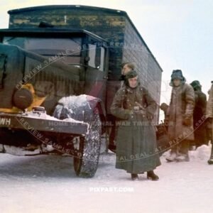 Russian POW prisioners digging MAN type F 4 heavy transport truck out of snow. Crimea Krim winter 1943