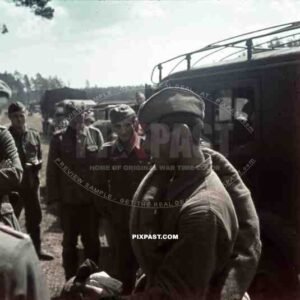 Russian POW soldier captured by German Communications troops on the Russian front 1941. Funk Radio Car.