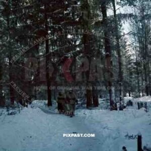 Russian forest, winter snow 1943 Russia, German infantry in white snow camo uniform and helmets, 207th Infantry Division