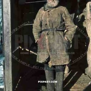 Russian peasant farmer portrait winter hat jacket cloths fashion Russian winter snow 1943 boots leather belt fur hat portrait