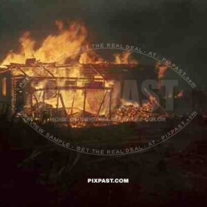 Russian village being burned to the ground for supporting Partisans. Near Rzhev Russia. Winter 1942.