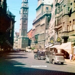 Saint Peter am Perlach Church in Rathausplatz Augsburg Bavaria Germany 1941. Rathaus City Hall on right side