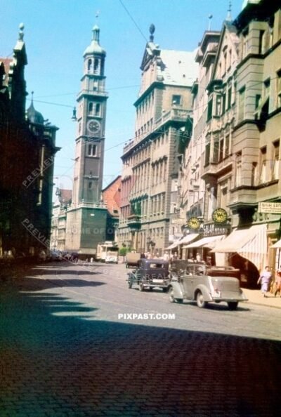 Saint Peter am Perlach Church in Rathausplatz Augsburg Bavaria Germany 1941. Rathaus City Hall on right side