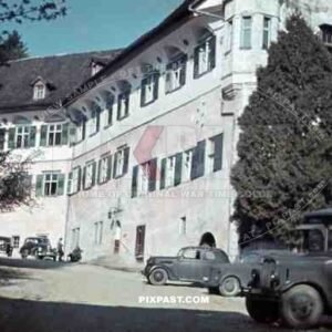 Schloss hofen, Lochau Austria 1939, Kaserne Barracks, Wehrmacht trucks and staff car, American car.