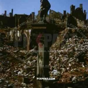 Schöppenbrunnen among destroyed buildings in Frankfurt, Germany 1945