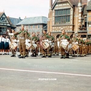 Scottish music army band performing in small town. With Scottish girl scouts. Scotland 1944. W.H. Liddiard