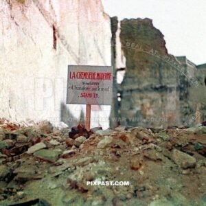 Sign post for La Chemisereie Moderne 18 Rue Bannier Orleans France 20.6. 1940. Bombed fashion shop. Ruins.