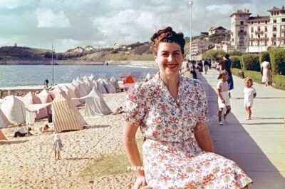 Smiling french women in summer dress. Promenade des Anglais in Nice, France Septmeber 1940