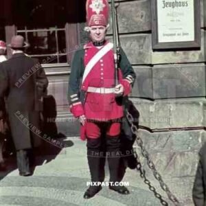 Soldier wearing period 1700 uniform. Collecting money for the Winterhilfswerk. Tag Der Wehrmacht. Zeughaus. Berlin 1940