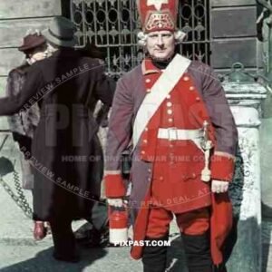 Soldier wearing period 1700 uniform. Collecting money for the Winterhilfswerk. Tag Der Wehrmacht. Zeughaus. Berlin 1940