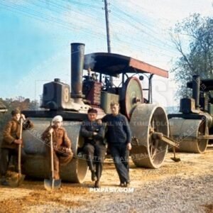 Steam Engine Roller building road in Poland 1941 using prisoner of war slave labor children Russian soldiers. RAD