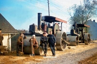 Steam Engine Roller building road in Poland 1941 using prisoner of war slave labor children  Russian soldiers. RAD