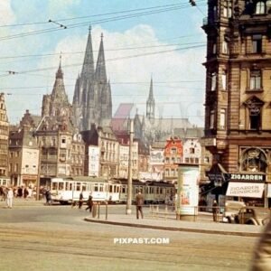 Strassenbahn tram in the old market in Cologne. Koln summer 1938, Alter Markt. Germany. Cathedral.