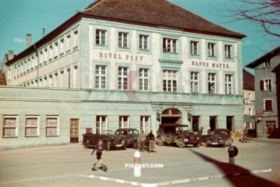 Tag Der Wehrmacht. Horch 901 army staff car in feldgrau. Hotel Post Hanns Mayer Alt Otting Bavaria 1943.