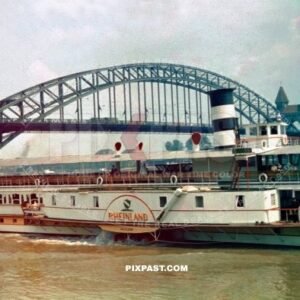 The Rhine Bridge in Bonn Germany. Rheinland steamer boat. Dusseldorf 1937