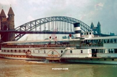 The Rhine Bridge in Bonn Germany. Rheinland steamer boat. Dusseldorf 1937