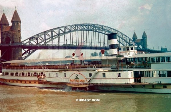 The Rhine Bridge in Bonn Germany. Rheinland steamer boat. Dusseldorf 1937