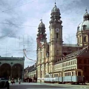 Theatinerkirche Church in front of Feldherrnhalle and Odeonsplatz. Munich Germany 1939.