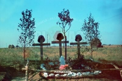 Three German army Wehrmacht soldier graves on the Eastern Front Russia Summer Sept. 28. 1941