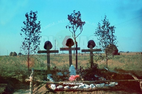 Three German army Wehrmacht soldier graves on the Eastern Front Russia Summer Sept. 28. 1941